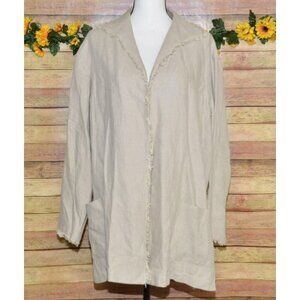 Vintage LAFAYETTE 148 100% Linen Open Front Jacket Size L Raw Trim Neutral Khaki